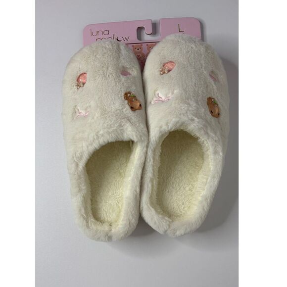 Luna Mellow Teddy Bear Embroidered Plush Slippers – Cream Fuzzy House Shoes Sz L - Picture 7 of 8